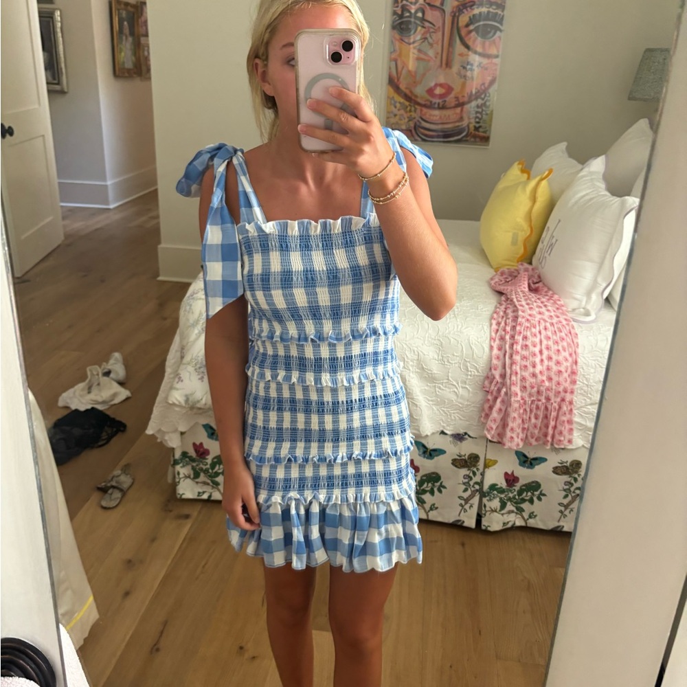Blue and white gingham tie up smocked dress!!